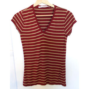 Vintage Max Studio‎ Top Small Burgundy Tan Striped Soft Modal Babydoll 90s Y2K